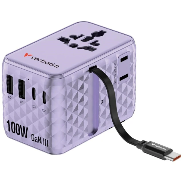 Адаптер Verbatim подорожній EU/UK/US GaN 2xUSB-C/2xUSB-A/1xUSB-C PD 100W Purple (30193)