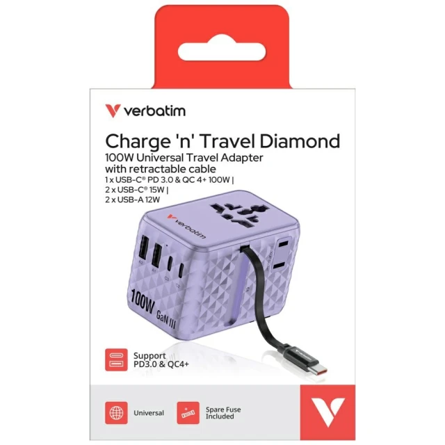 Адаптер Verbatim подорожній EU/UK/US GaN 2xUSB-C/2xUSB-A/1xUSB-C PD 100W Purple (30193)