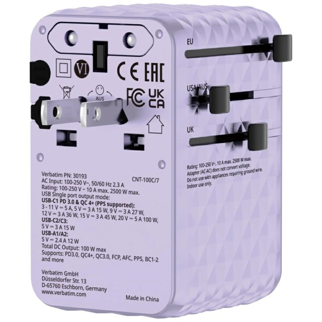 Адаптер Verbatim подорожній EU/UK/US GaN 2xUSB-C/2xUSB-A/1xUSB-C PD 100W Purple (30193)