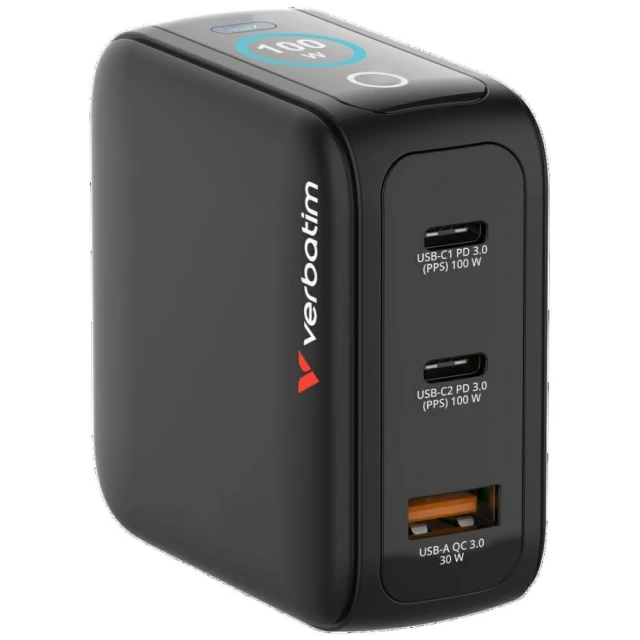 Мережевий зарядний пристрій Verbatim Mini GaN 100W 2xUSB-C PD | 1xUSB-A QC адаптер EU | UK | USA Black (30239)