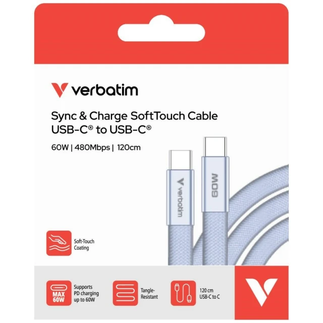 Кабель Verbatim Sync & Charge SoftTouch USB-C - USB-C 60W PD3.0 120cm Purple (30275)