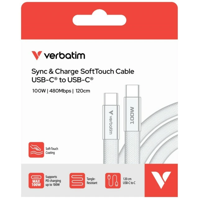Кабель Verbatim Sync & Charge SoftTouch USB-C to USB-C 100W PD3.0 120см White (30277)