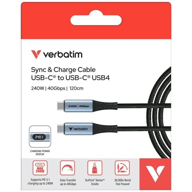 Кабель Verbatim Sync & Charge USB-C to USB-C 40Gb/s 240W 120cm Black (31849)