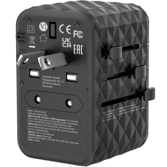 Адаптер Verbatim UTA-05 подорожній EU/UK/US GaN 2xUSB-A/2xUSB-C PD 65W Black (32120)