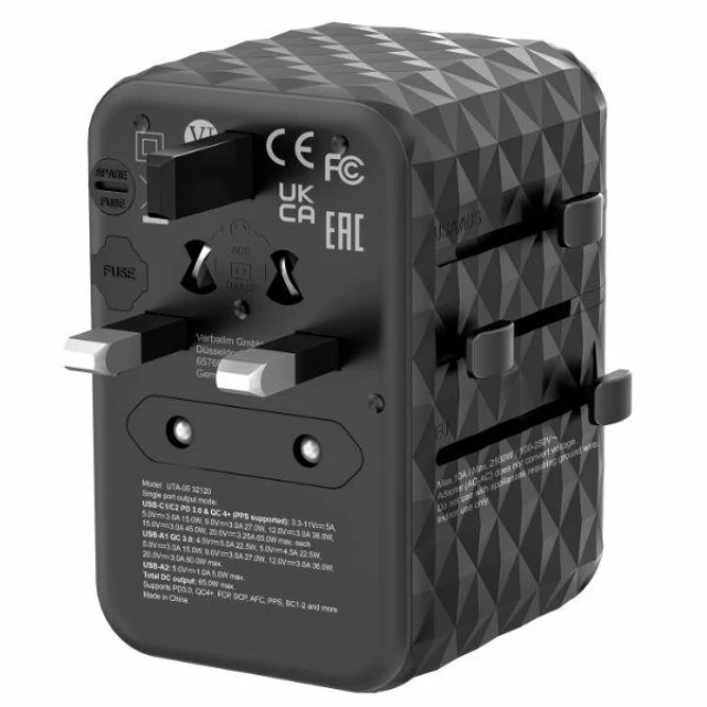 Адаптер Verbatim UTA-05 подорожній EU/UK/US GaN 2xUSB-A/2xUSB-C PD 65W Black (32120)