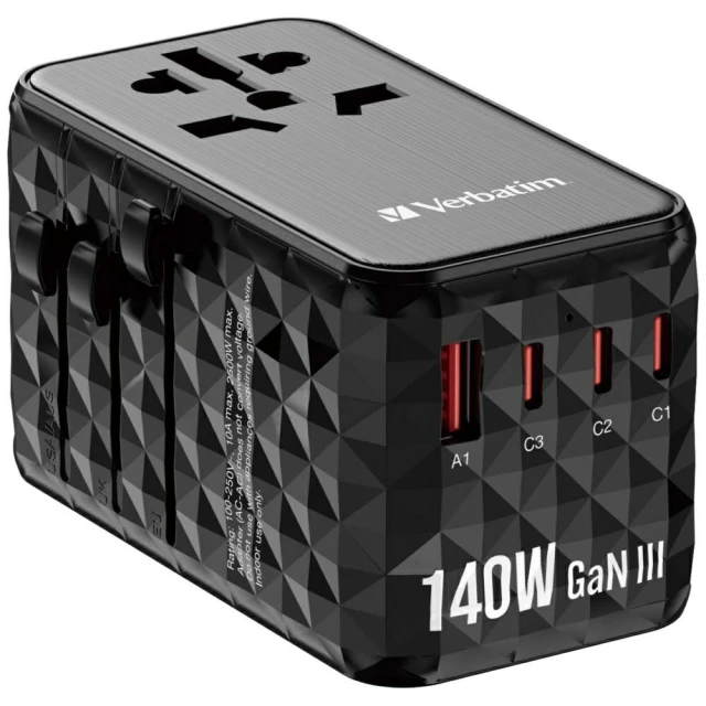 Адаптер подорожній Verbatim EU/UK/US GaN USB-A/3xUSB-C PD 140W UTA-10 Black (32125)