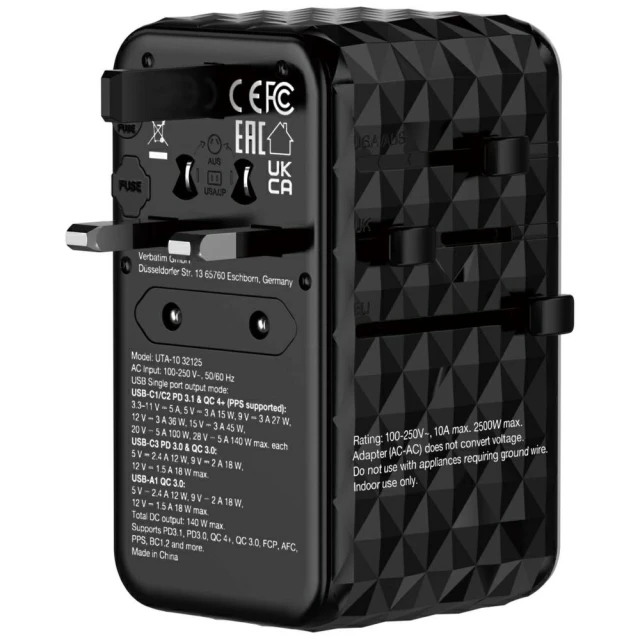 Адаптер подорожній Verbatim EU/UK/US GaN USB-A/3xUSB-C PD 140W UTA-10 Black (32125)