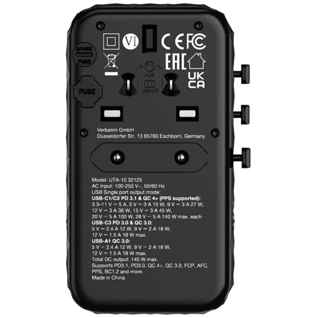 Адаптер подорожній Verbatim EU/UK/US GaN USB-A/3xUSB-C PD 140W UTA-10 Black (32125)