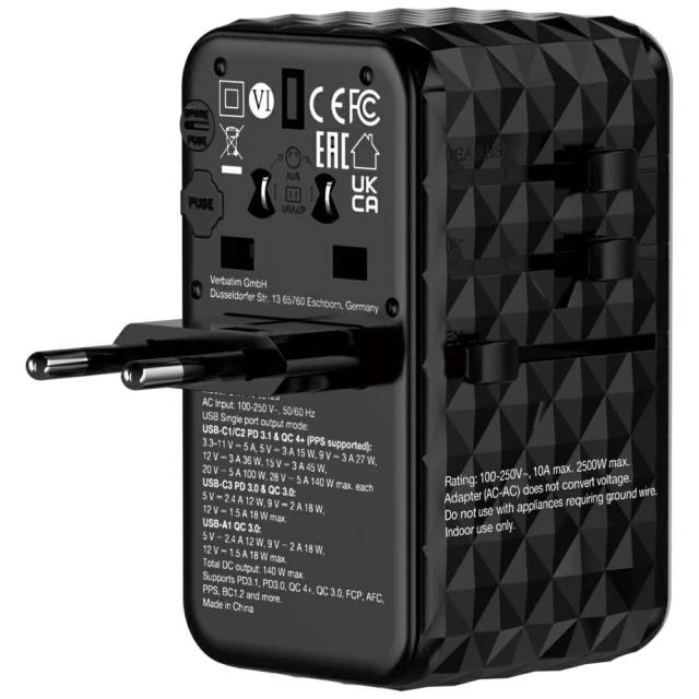 Адаптер подорожній Verbatim EU/UK/US GaN USB-A/3xUSB-C PD 140W UTA-10 Black (32125)