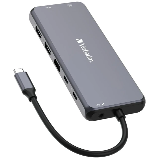 Адаптер Verbatim Hub USB-C 2xHDMI/VGA/Ethernet/5xUSB-A/Jack 3.5mm/2xUSB-C/SD/microSD Aluminum (32154)