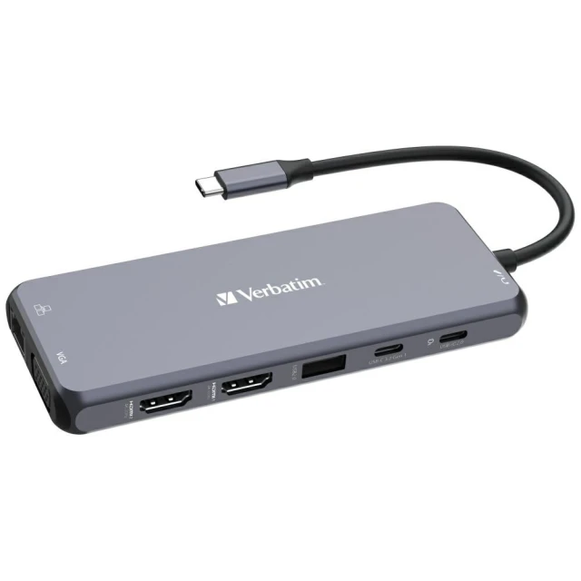 Адаптер Verbatim Hub USB-C 2xHDMI/VGA/Ethernet/5xUSB-A/Jack 3.5mm/2xUSB-C/SD/microSD Aluminum (32154)