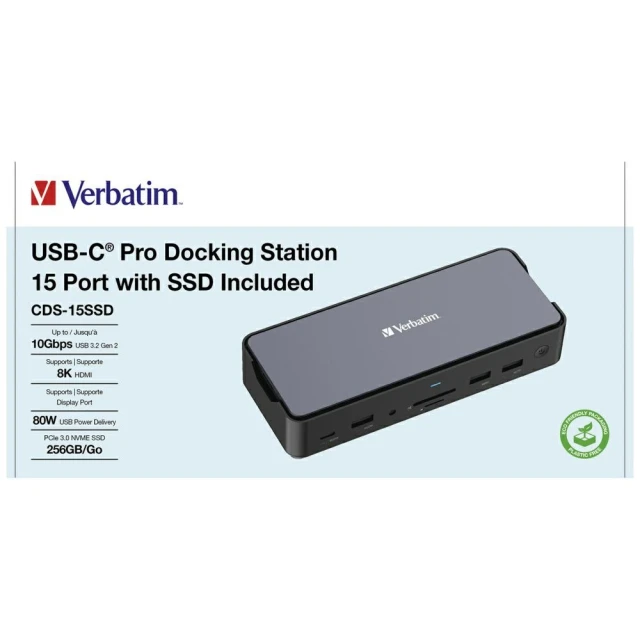 Док-станція Verbatim USB-C Pro 15в1 2xHDMI/RJ45/4xUSB-A/3xUSB-C/SD/microSD/Audio/DisplayPort/SSD Grey (32174)