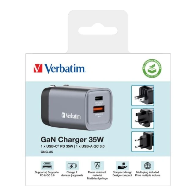 Зарядний пристрій Verbatim GaN 35W USB-C/USB-A GNC-35 (32200)