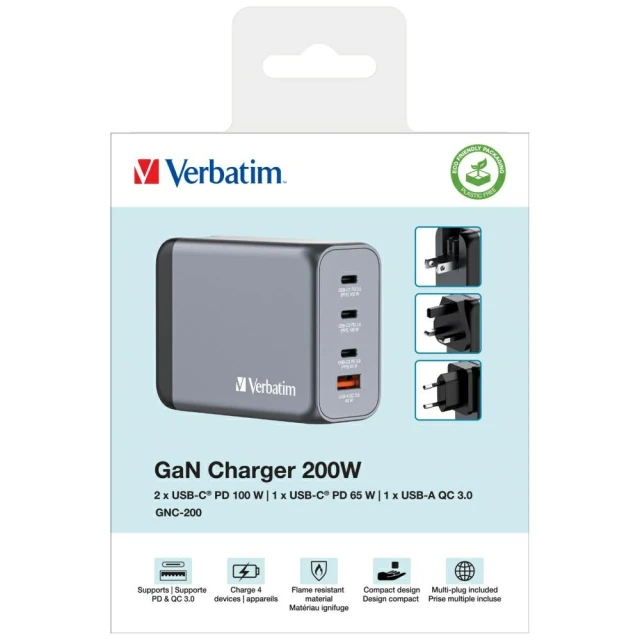 Зарядний пристрій Verbatim GaN 200W 3xUSB-C/USB-A + Адаптер EU/UK/US GNC-200 (32204)
