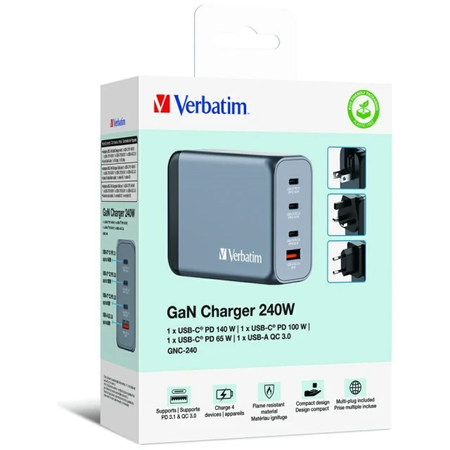 Зарядний пристрій Verbatim GaN GNC-240 240W 3xUSB-C/USB-A + адаптери EU/UK/US (32205)