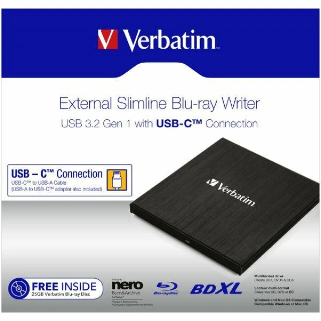 Внешний привод Verbatim Slimline CD/DVD USB-C + кабель USB-C/USB-C to USB-A 3.2 Black (43886)