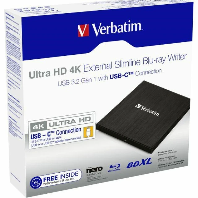 Зовнішній привід Verbatim Slimline Blu-ray Ultra HD 4K з кабелем USB-C/USB-A Black (43888)
