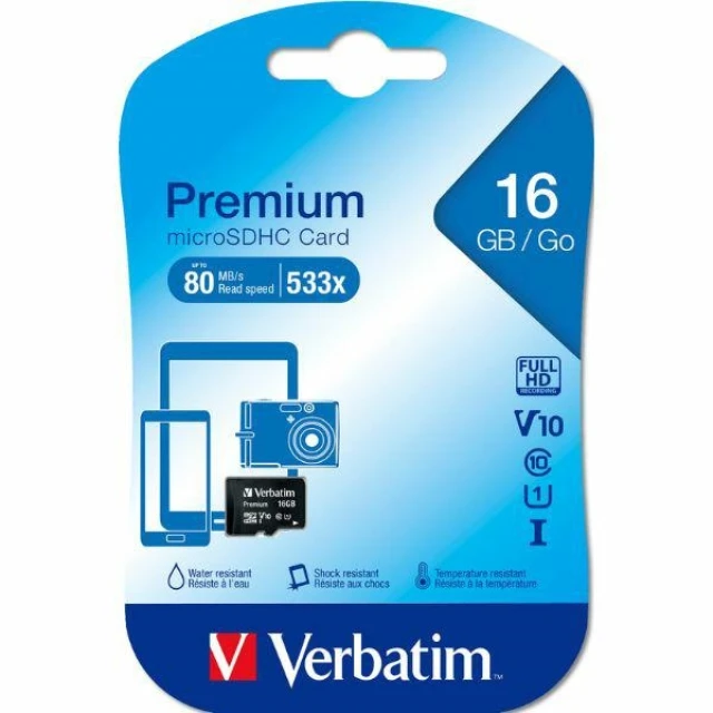 Карта памяти microSDHC Verbatim 16GB V10 Black (44010)