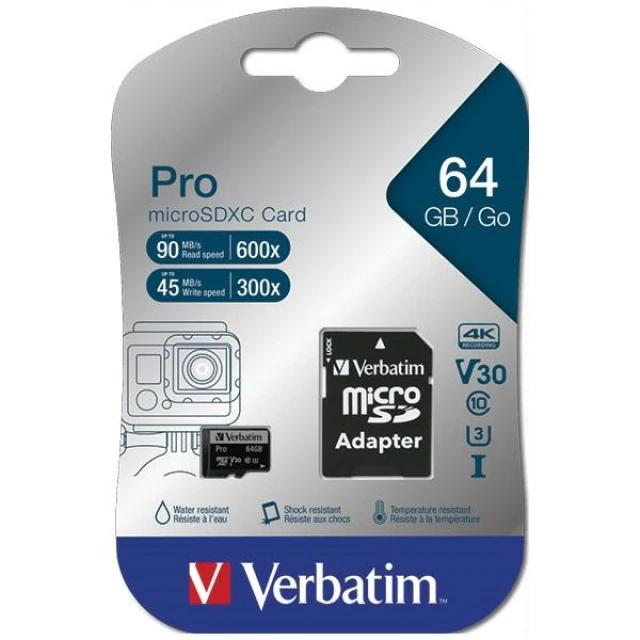 Карта пам'яті Verbatim Pro U3 microSD 64GB + адаптер Black (47042)