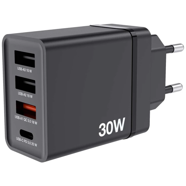 Мережевий зарядний пристрій Verbatim CHR-30EU2 30W 3xUSB-A/USB-C PD 3.0 Black (49700)