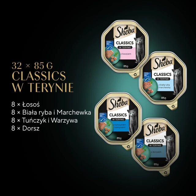 Ламістер для котів Sheba Classics Рибні смаки з білою рибою/тріскою/лососем/тунцем 32 шт x 85 г (3065890152670)