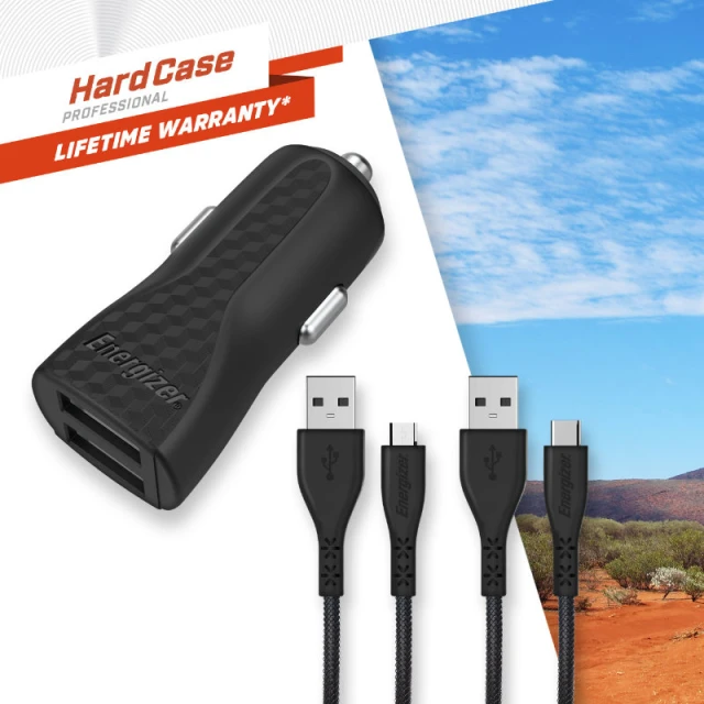 Зарядка автомобильная Energizer HardCase 2x USB-A 2.4A + Кабель USB-C & Micro USB Black (DC2BLCMM)