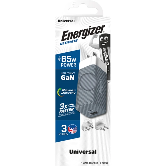 Мережева зарядка Energizer Ultimate Multiplug EU/UK/US GaN USB-C&USB-A 65W Silver (A65MU)