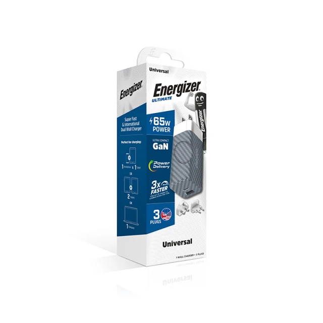 Мережева зарядка Energizer Ultimate Multiplug EU/UK/US GaN USB-C&USB-A 65W Silver (A65MU)