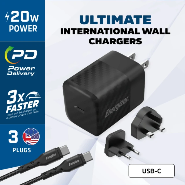 Зарядний пристрій Energizer Ultimate 20W Multiplug EU/UK/US GaN USB-C Black (A20MUC)