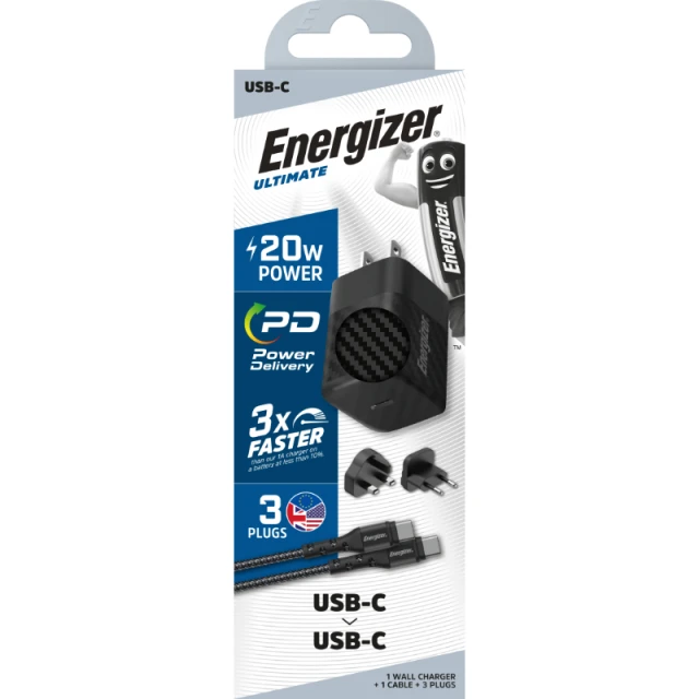 Зарядний пристрій Energizer Ultimate 20W Multiplug EU/UK/US GaN USB-C Black (A20MUC)