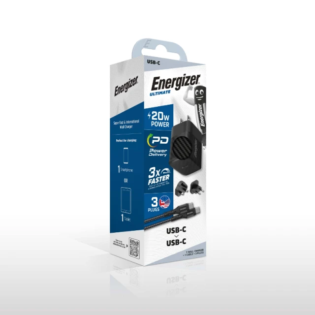 Зарядний пристрій Energizer Ultimate 20W Multiplug EU/UK/US GaN USB-C Black (A20MUC)