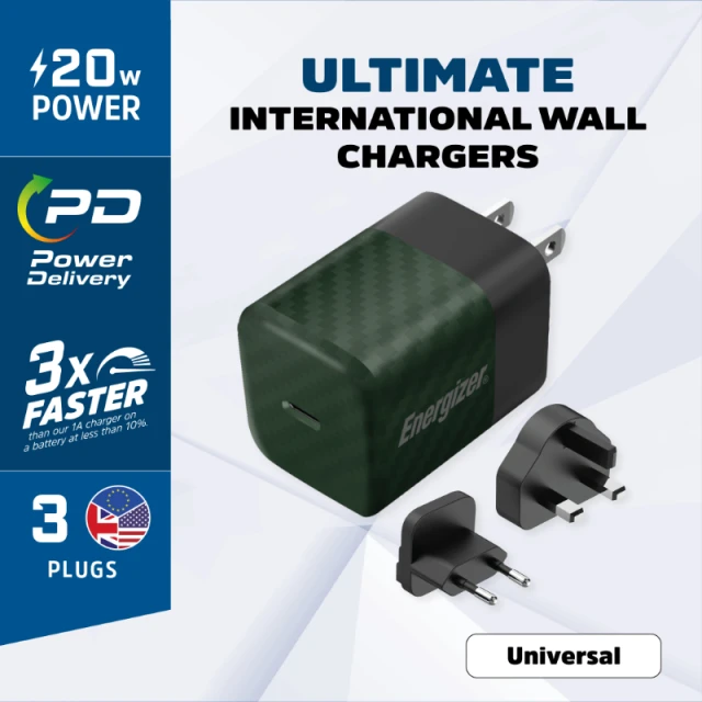 Зарядний пристрій Energizer Ultimate Multiplug GaN USB-C 20W PD EU/UK/US Green (A20MUGR)