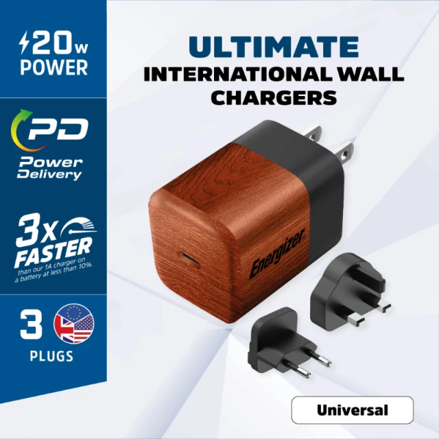 Зарядний пристрій Energizer Ultimate Multiplug GaN USB-C 20W PD EU/UK/US Brown (A20MUWO)