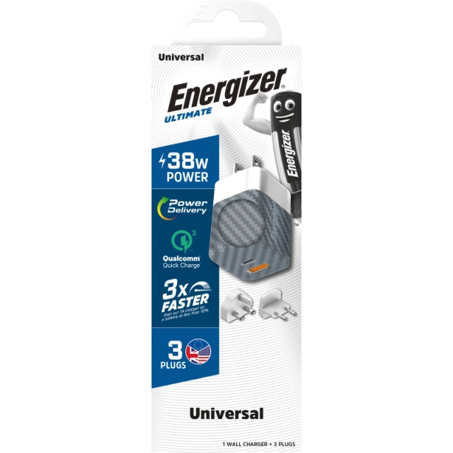 Зарядка мережева Energizer Ultimate Multiplug EU/UK/US GaN USB-C & USB-A 38W PD + QC3.0 Silver (A38QMU)