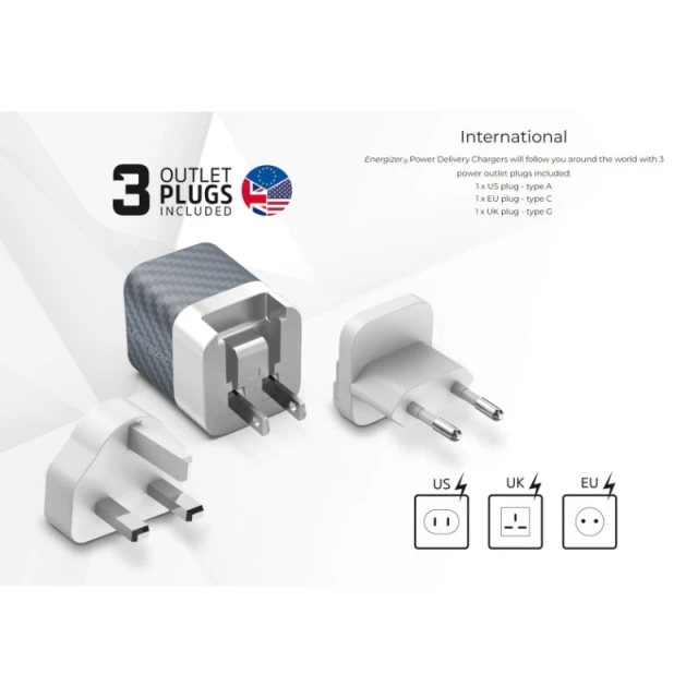 Зарядка мережева Energizer Ultimate Multiplug EU/UK/US GaN USB-C & USB-A 38W PD + QC3.0 Silver (A38QMU)