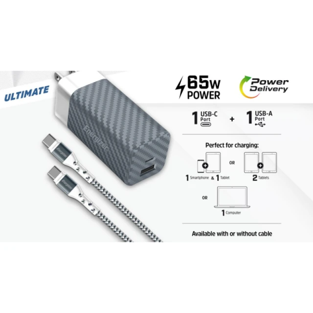 Зарядний пристрій Energizer Ultimate Multiplug 65W GaN USB-C & USB-A EU/UK/US з кабелем Black (A65MUC)