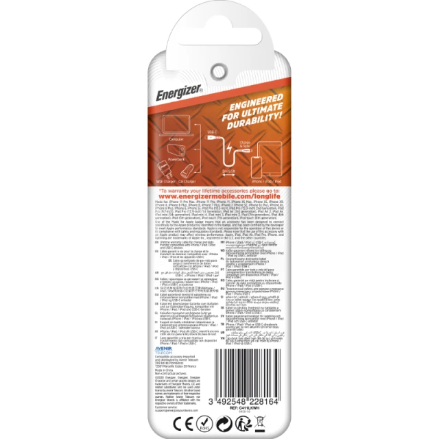 Кабель Energizer HardCase USB-C to Lightning 1.2м MFi White (C411LKWH)