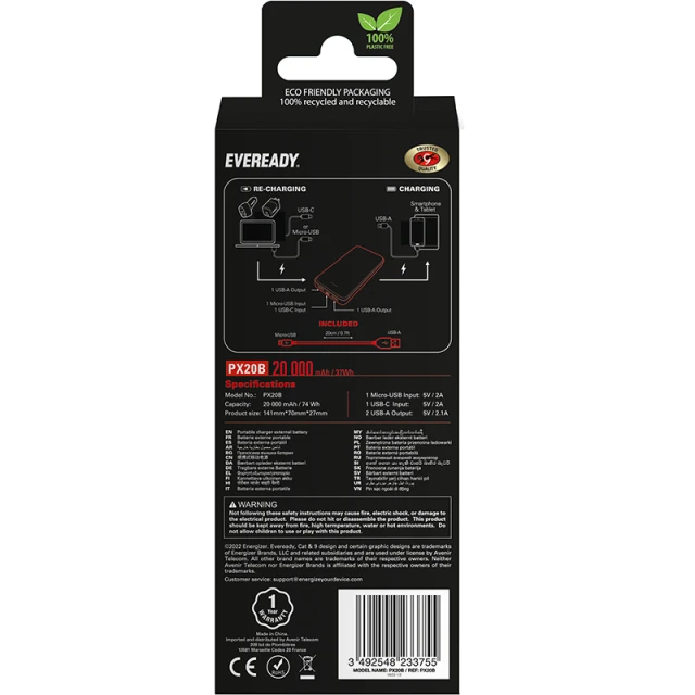 Павербанк Eveready PX20B 20000 mAh 2x USB-A Black (3492548233755)