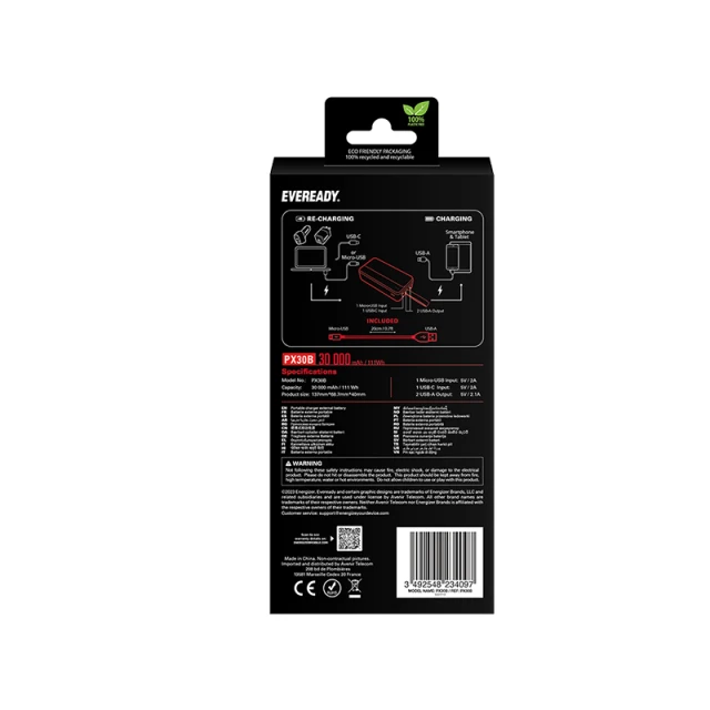 Повербанк Eveready PX30B 30000 mAh 2x USB-A Black (3492548234097)