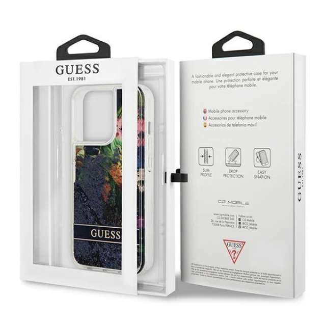 Чохол Guess Flower Liquid Glitter для iPhone 13 Pro Max Blue (GUHCP13XLFLSB)