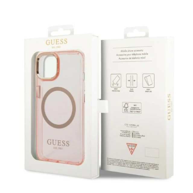Чохол Guess Gold Outline Translucent для iPhone 14 Plus Pink with MagSafe (GUHMP14MHTCMP)