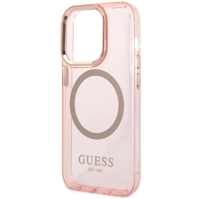 Чохол Guess Gold Outline Translucent для iPhone 14 Pro Max Pink with MagSafe (GUHMP14XHTCMP)