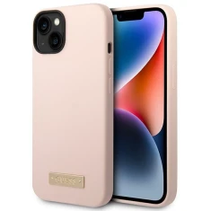 Чохол Guess Silicone Logo Plate для iPhone 14 | 13 Pink with MagSafe (GUHMP14SSBPLP)