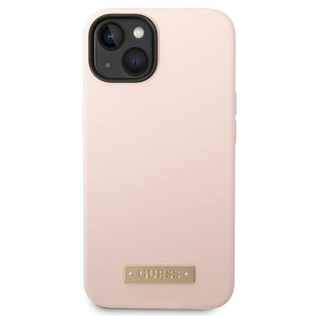 Чохол Guess Silicone Logo Plate для iPhone 14 | 13 Pink with MagSafe (GUHMP14SSBPLP)