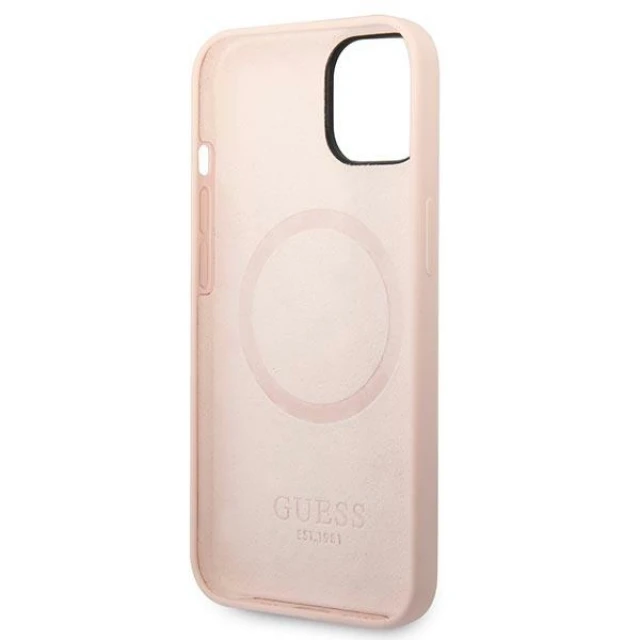 Чохол Guess Silicone Logo Plate для iPhone 14 | 13 Pink with MagSafe (GUHMP14SSBPLP)