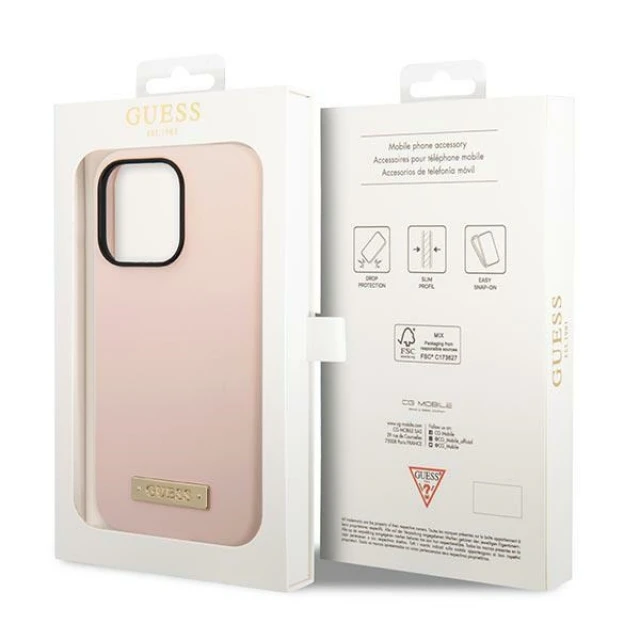 Чохол Guess Silicone Logo Plate для iPhone 14 Pro Max Pink with MagSafe (GUHMP14XSBPLP)