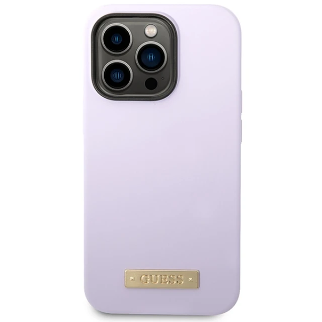 Чохол Guess Silicone Logo Plate для iPhone 14 Pro Purple with MagSafe (GUHMP14LSBPLU)