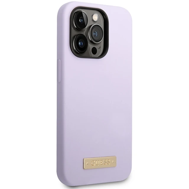 Чохол Guess Silicone Logo Plate для iPhone 14 Pro Purple with MagSafe (GUHMP14LSBPLU)
