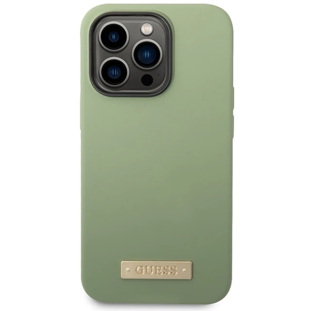 Чохол Guess Silicone Logo Plate для iPhone 14 Pro Max Khaki with MagSafe (GUHMP14XSBPLA)