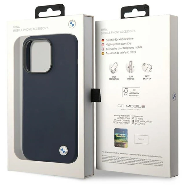 Чохол BMW для iPhone 14 Pro Max Silicone Metal Logo Navy with MagSafe (BMHMP14XSILNA)